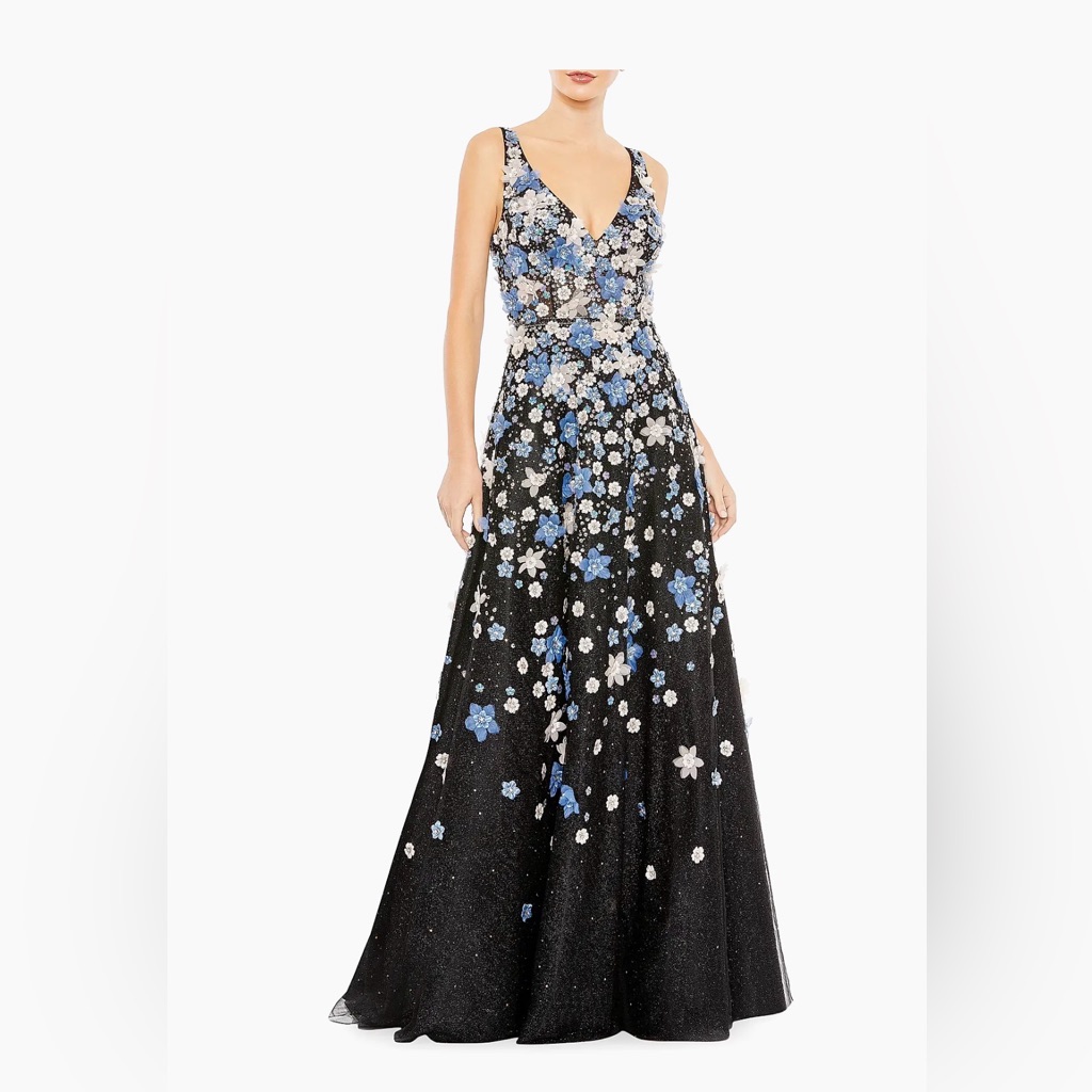 Mac Duggal Navy Maxi Gown With Blue & Pink Floral Embellishment
